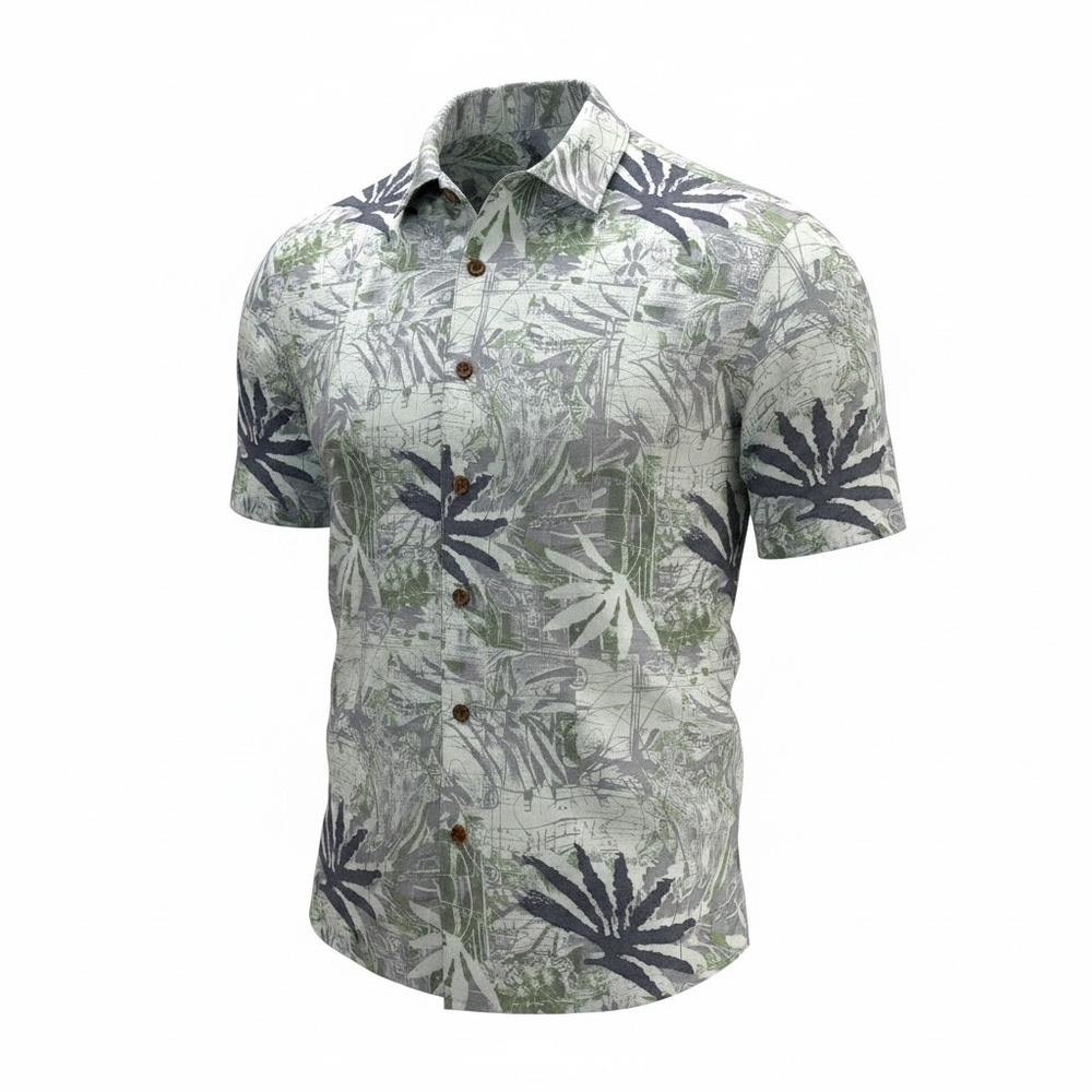 Mens L Linen Blend Tropical Leaf Print Button Up Shirt‎ Green Summer Breathable